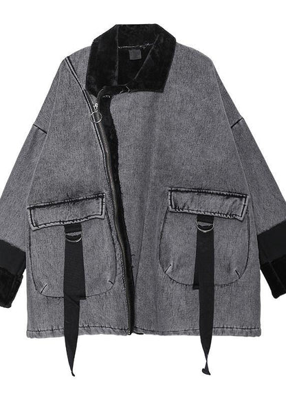 Women gray thick fine clothes For Women Sleeve zippered big pockets jackets - SooLinen