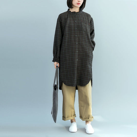 Grüne karierte Baumwolltuniken für Frauen aus dem 18. Jahrhundert, Stoffe aus Baumwolle, Frühling, Rüschenhemdkleid