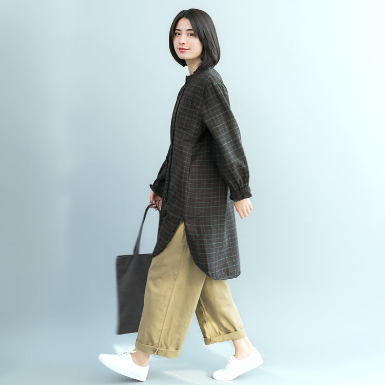 Grüne karierte Baumwolltuniken für Frauen aus dem 18. Jahrhundert, Stoffe aus Baumwolle, Frühling, Rüschenhemdkleid