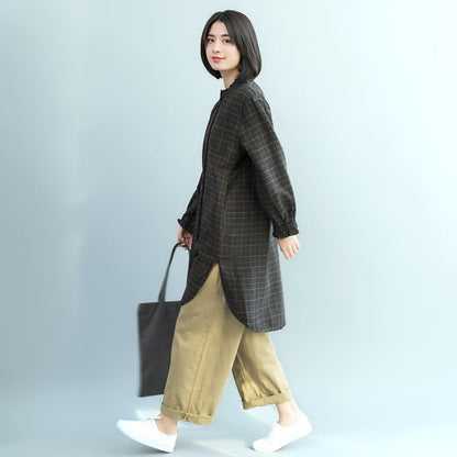 Grüne karierte Baumwolltuniken für Frauen aus dem 18. Jahrhundert, Stoffe aus Baumwolle, Frühling, Rüschenhemdkleid