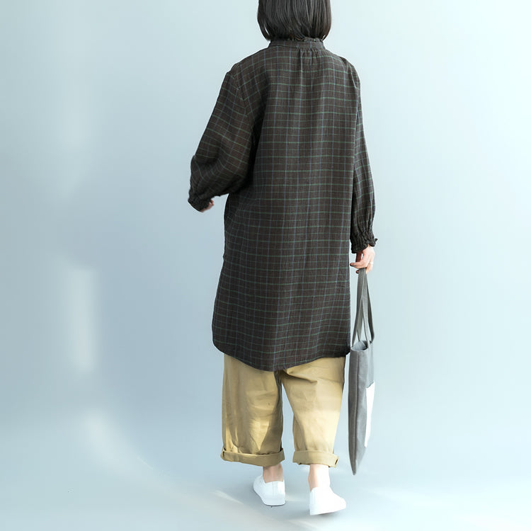 Grüne karierte Baumwolltuniken für Frauen aus dem 18. Jahrhundert, Stoffe aus Baumwolle, Frühling, Rüschenhemdkleid