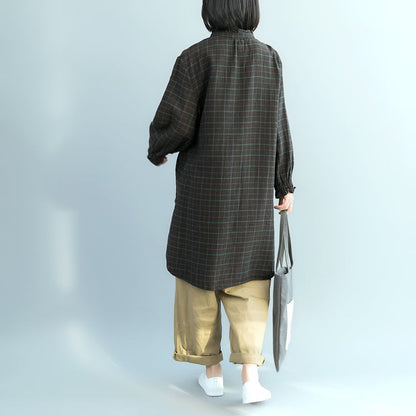 Grüne karierte Baumwolltuniken für Frauen aus dem 18. Jahrhundert, Stoffe aus Baumwolle, Frühling, Rüschenhemdkleid