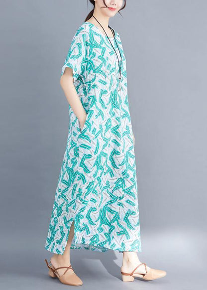 Women green cotton dresses Fashion Fabrics prints Maxi summer Dresses - SooLinen