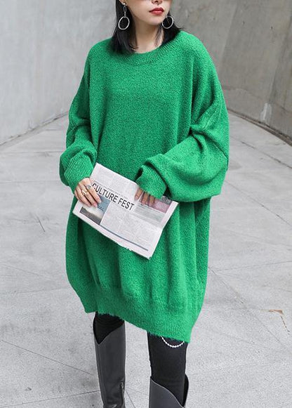 Women green knitted pullover o neck Batwing Sleeve casual knitted blouse - SooLinen