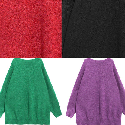 Women green knitted pullover o neck Batwing Sleeve casual knitted blouse - SooLinen