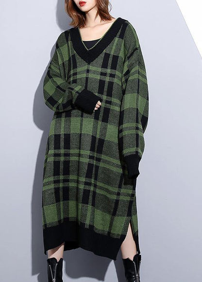 Women green plaid Cotton Long Shirts side open daily v neck Dress - SooLinen