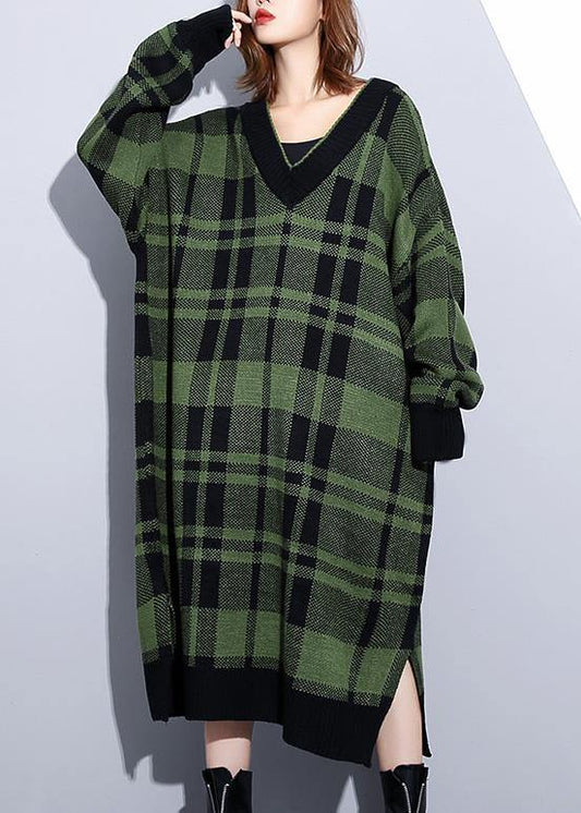 Women green plaid Cotton Long Shirts side open daily v neck Dress - SooLinen