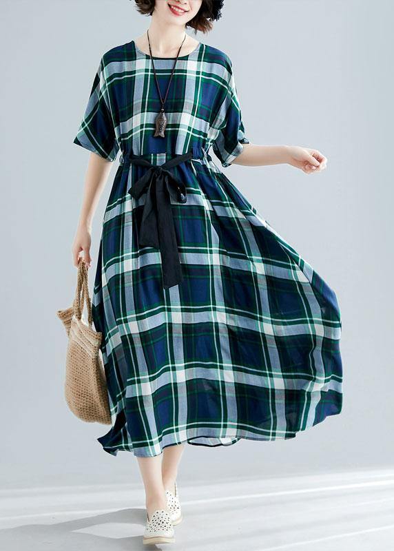 Women green plaid cotton Tunics tie waist cotton robes summer Dress - SooLinen