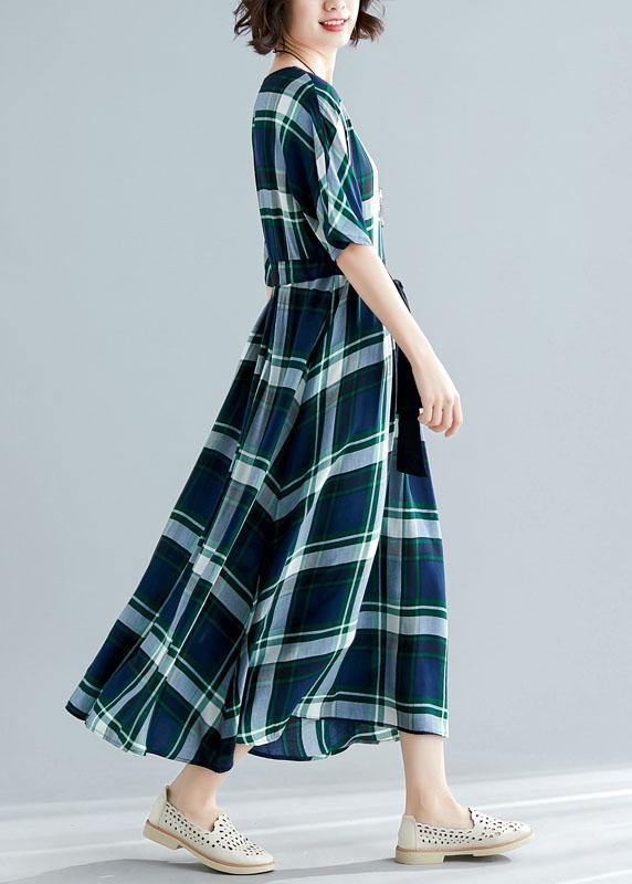 Women green plaid cotton Tunics tie waist cotton robes summer Dress - SooLinen
