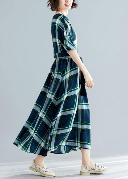 Women green plaid cotton Tunics tie waist cotton robes summer Dress - SooLinen