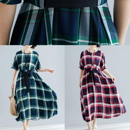Women green plaid cotton Tunics tie waist cotton robes summer Dress - SooLinen
