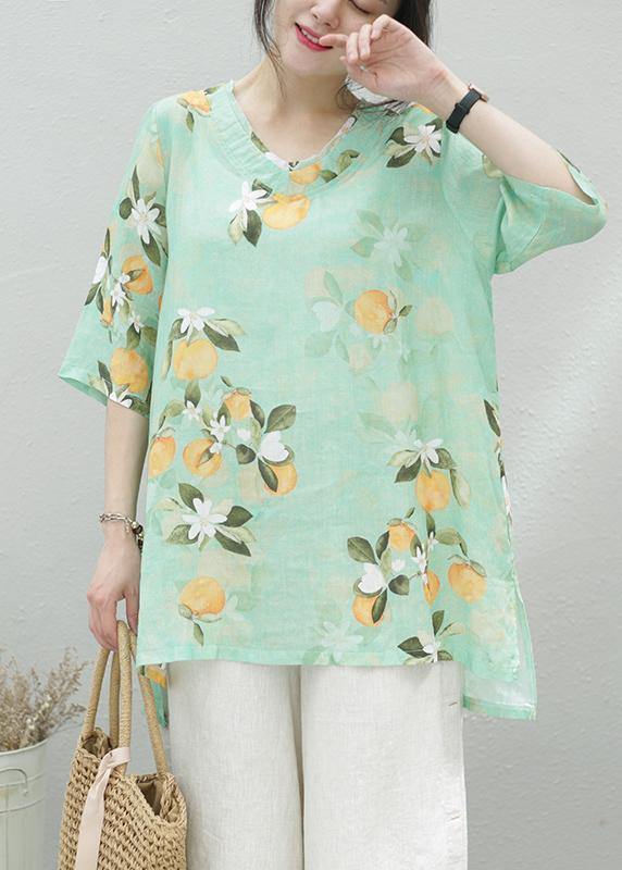 Women green print linen tunic top o neck half sleeve oversized summer shirt - SooLinen
