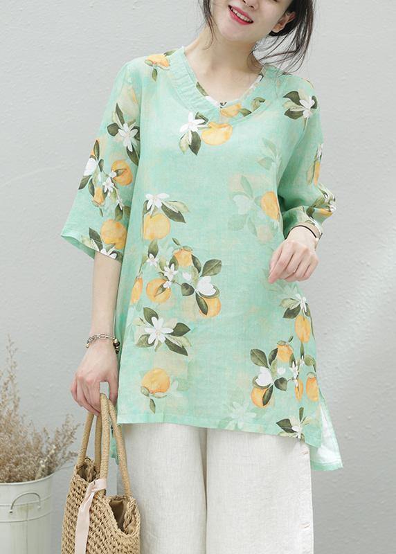 Women green print linen tunic top o neck half sleeve oversized summer shirt - SooLinen