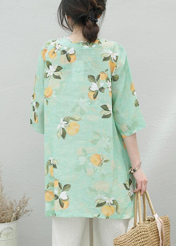 Women green print linen tunic top o neck half sleeve oversized summer shirt - SooLinen