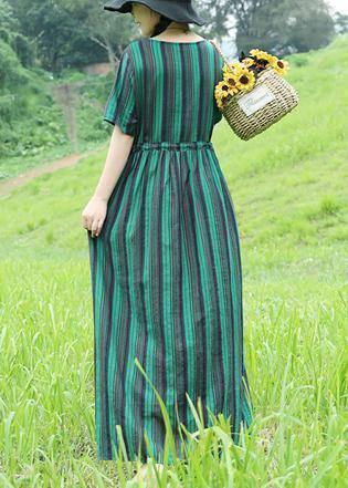 Women green striped cotton Long Shirts drawstring loose summer Dresses - SooLinen