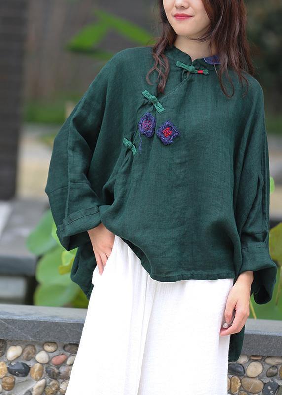 Women green top silhouette stand collar Batwing Sleeve Knee top - SooLinen