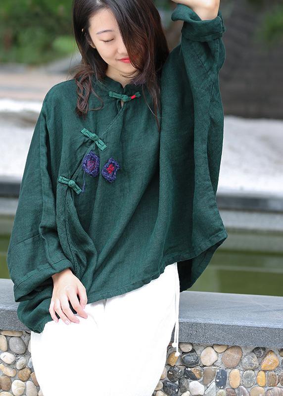 Women green top silhouette stand collar Batwing Sleeve Knee top - SooLinen