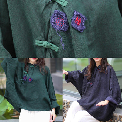 Women green top silhouette stand collar Batwing Sleeve Knee top - SooLinen