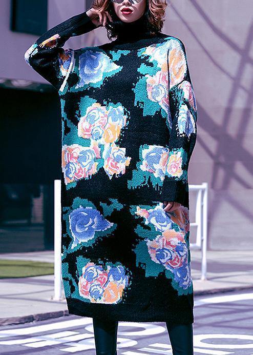 Women high neck Sweater Aesthetic plus size black print Fuzzy knit dress - SooLinen