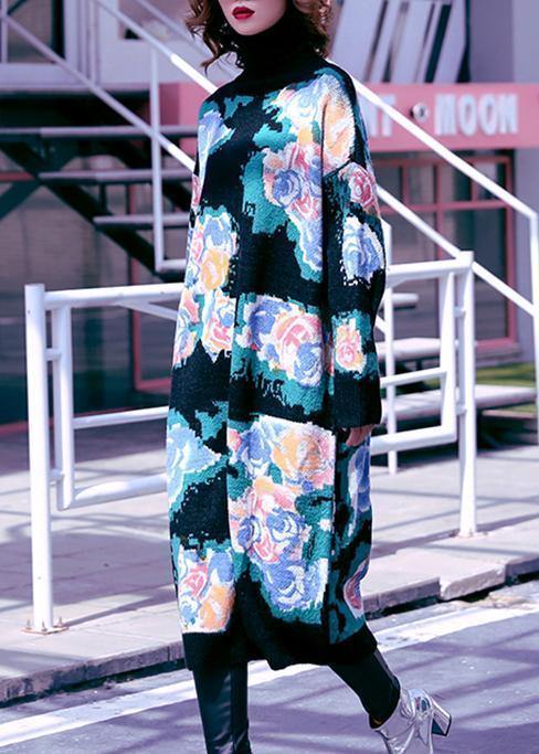 Women high neck Sweater Aesthetic plus size black print Fuzzy knit dress - SooLinen