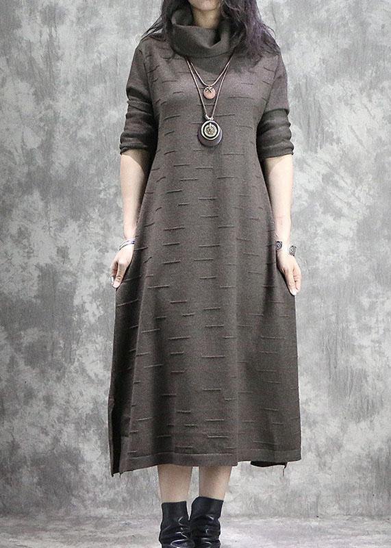 Women high neck Sweater weather Moda dark khaki side open daily knitwear fall - SooLinen