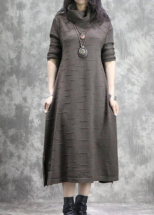 Women high neck Sweater weather Moda dark khaki side open daily knitwear fall - SooLinen