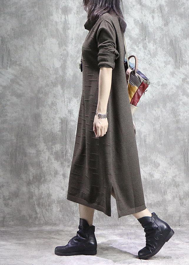 Women high neck Sweater weather Moda dark khaki side open daily knitwear fall - SooLinen