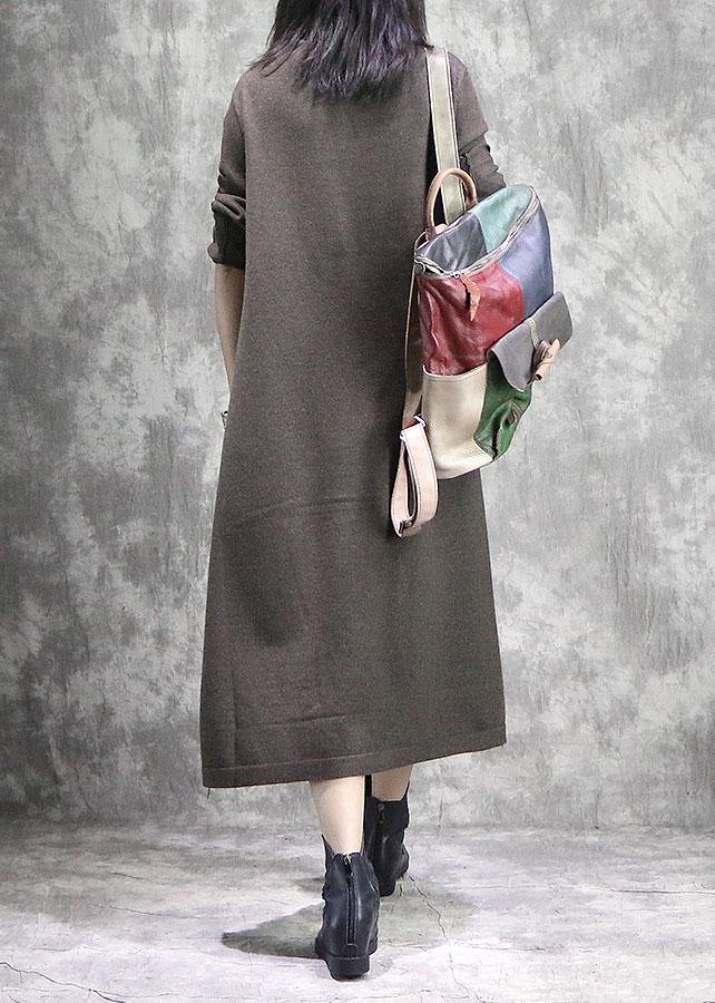 Women high neck Sweater weather Moda dark khaki side open daily knitwear fall - SooLinen