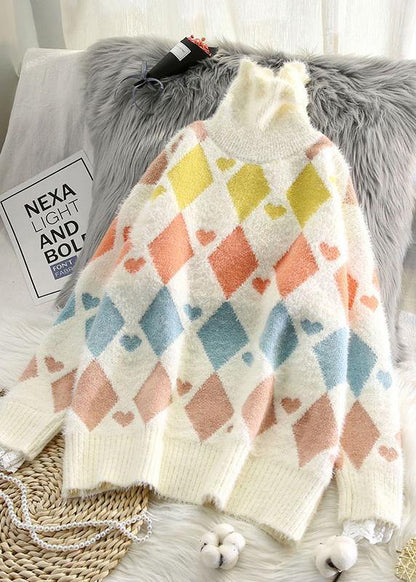 Women high neck beige knitted blouse Loose fitting Geometry knitted top - SooLinen