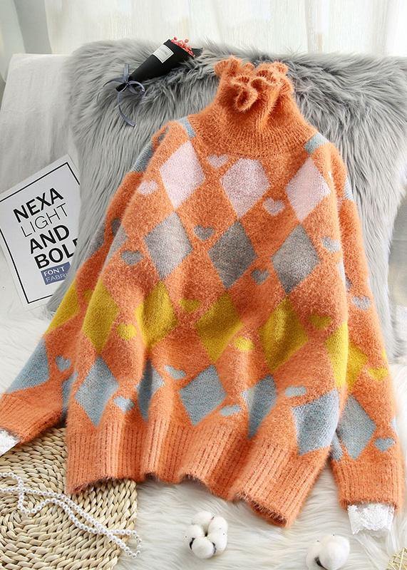 Women high neck beige knitted blouse Loose fitting Geometry knitted top - SooLinen