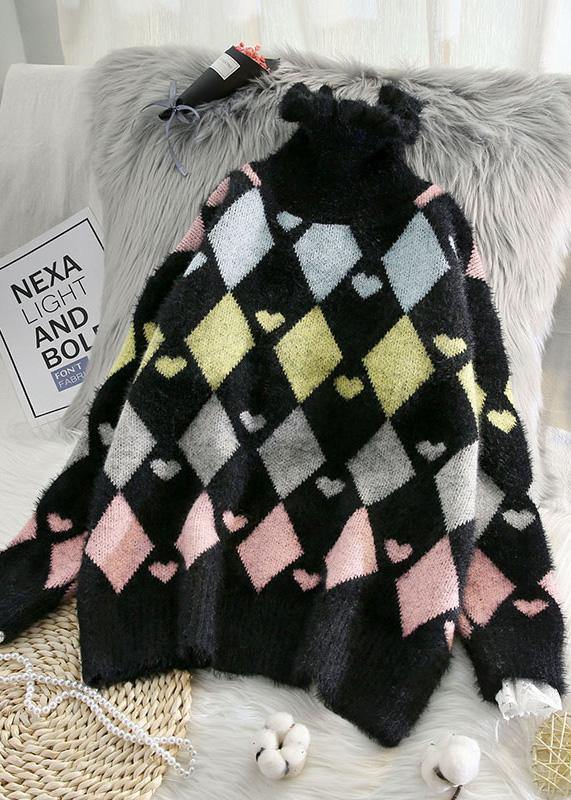 Women high neck beige knitted blouse Loose fitting Geometry knitted top - SooLinen