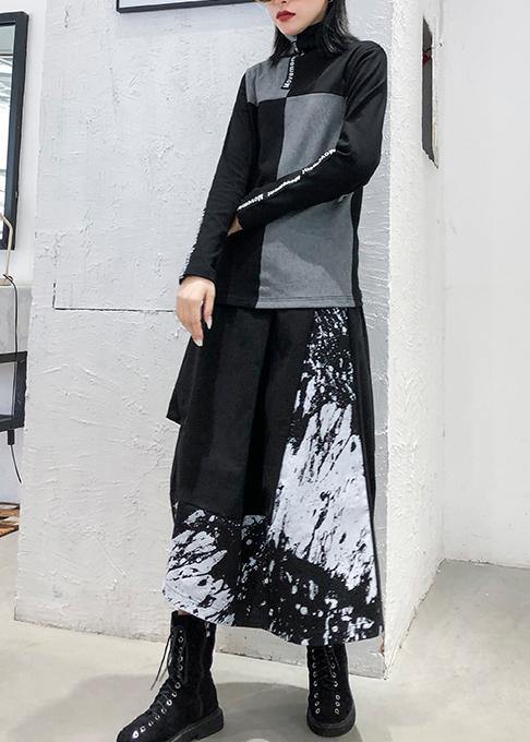 Women high neck cotton Tunic Neckline black patchwork gray top - SooLinen