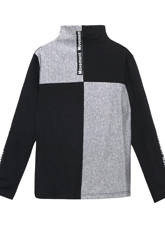 Women high neck cotton Tunic Neckline black patchwork gray top - SooLinen