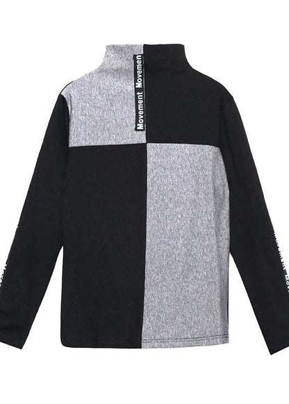 Women high neck cotton Tunic Neckline black patchwork gray top - SooLinen