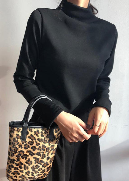 Women high neck cotton thick clothes Wardrobes black blouses - SooLinen