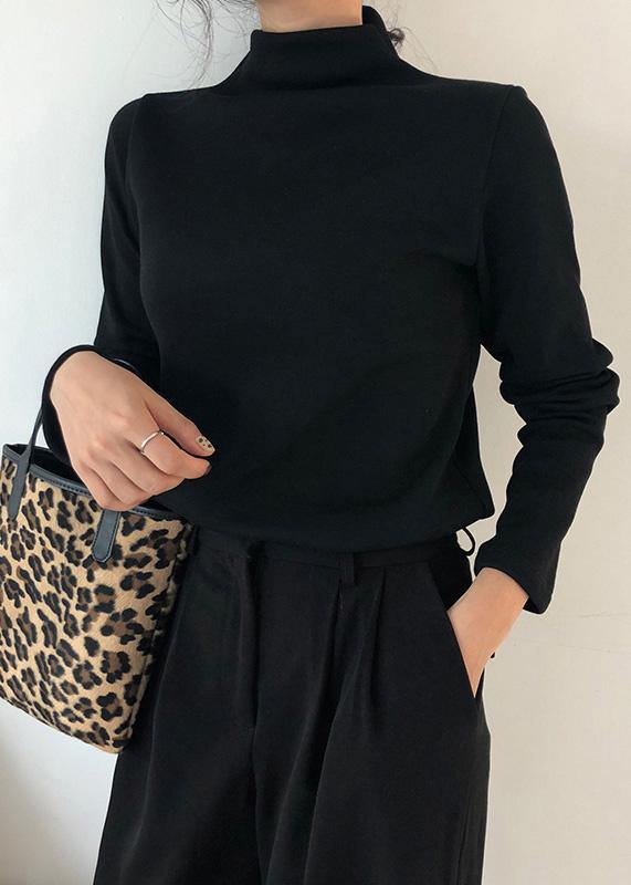 Women high neck cotton thick clothes Wardrobes black blouses - SooLinen