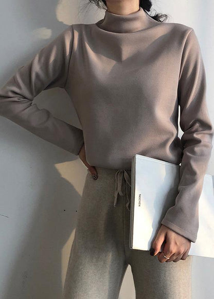 Women high neck cotton thick clothes Wardrobes black blouses - SooLinen