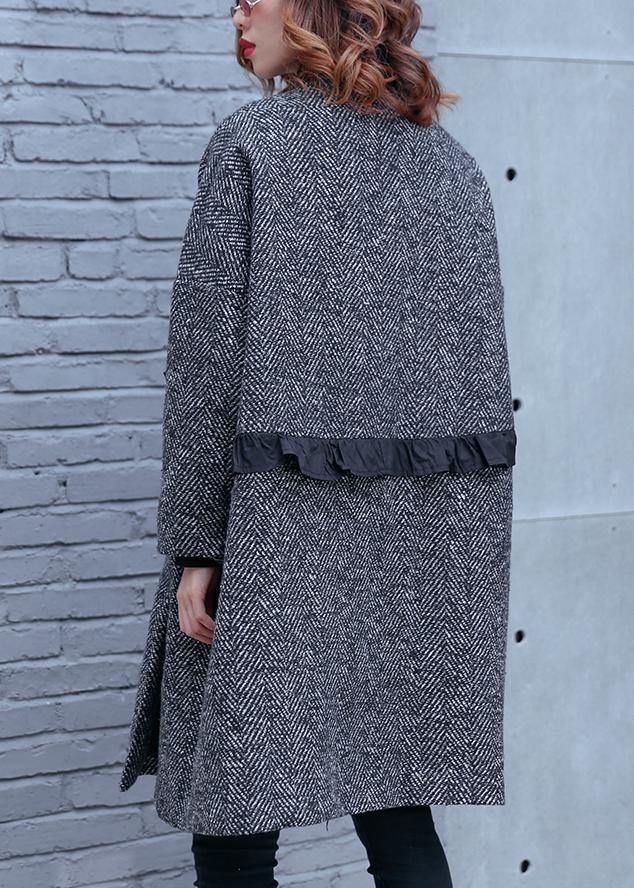 Women high neck pockets fine clothes gray striped Dresses coat - SooLinen