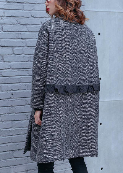 Women high neck pockets fine clothes gray striped Dresses coat - SooLinen