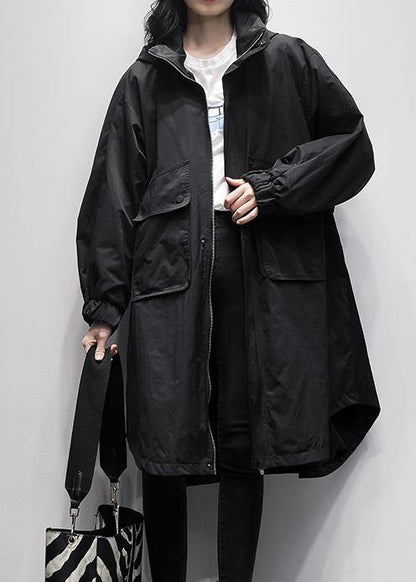 Women hooded Ruffles pockets trench coat black oversized outwear - SooLinen