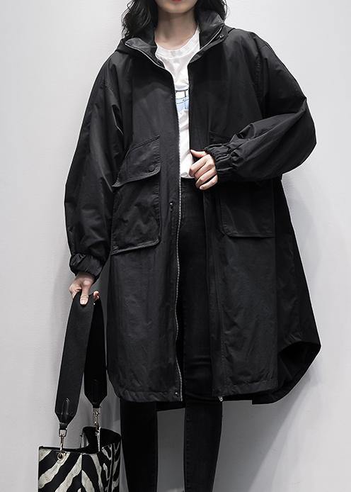 Women hooded Ruffles pockets trench coat black oversized outwear - SooLinen