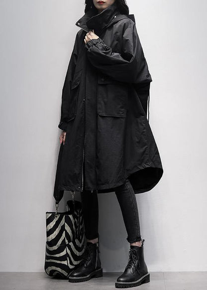 Women hooded Ruffles pockets trench coat black oversized outwear - SooLinen