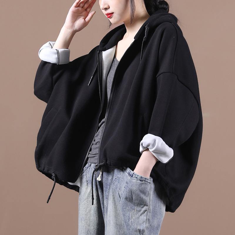 Women hooded drawstring Fine fall coats black loose jackets - SooLinen