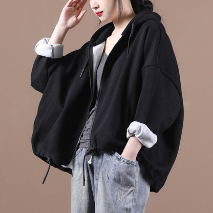 Women hooded drawstring Fine fall coats black loose jackets - SooLinen