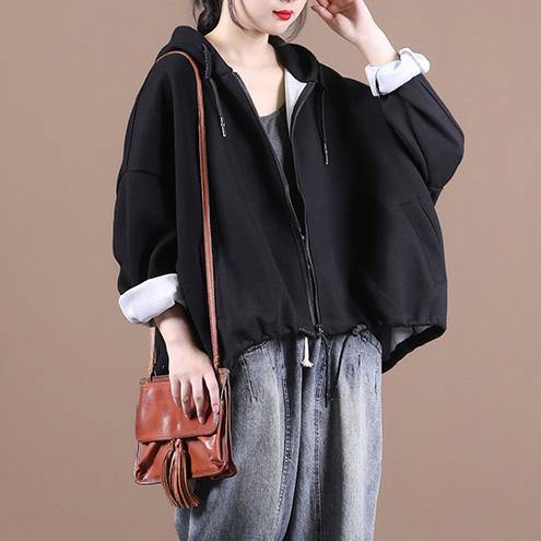 Women hooded drawstring Fine fall coats black loose jackets - SooLinen