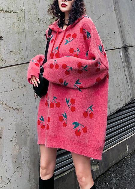Women hooded drawstring Sweater dresses Street Style pink Cherry print Mujer sweater dress - SooLinen