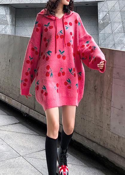 Women hooded drawstring Sweater dresses Street Style pink Cherry print Mujer sweater dress - SooLinen