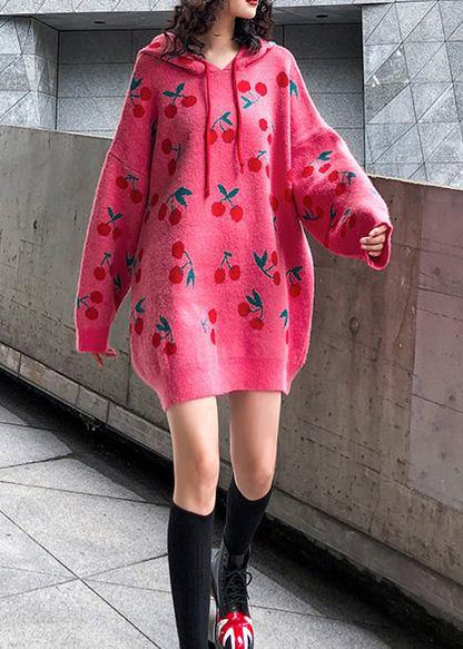 Women hooded drawstring Sweater dresses Street Style pink Cherry print Mujer sweater dress - SooLinen