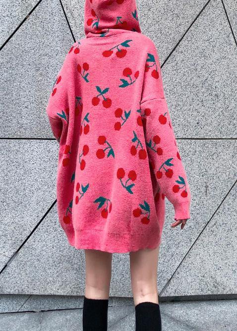 Women hooded drawstring Sweater dresses Street Style pink Cherry print Mujer sweater dress - SooLinen