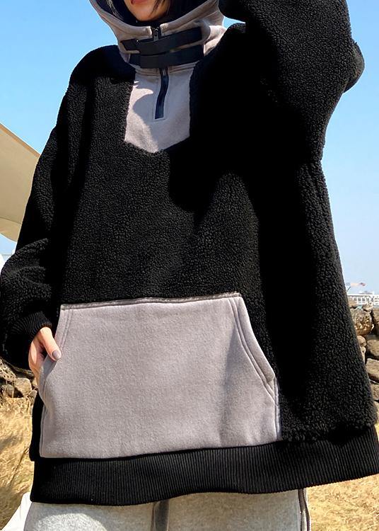 Women hooded zippered spring clothes black fuzzy wool tops - SooLinen